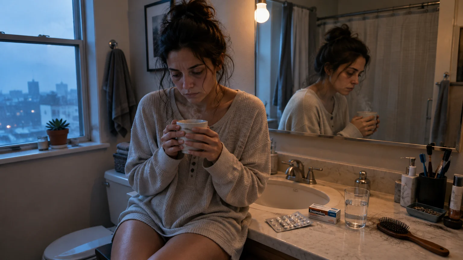 A tired woman in a sweater sits on a bathroom counter holding a warm mug near blister packs of medicine.