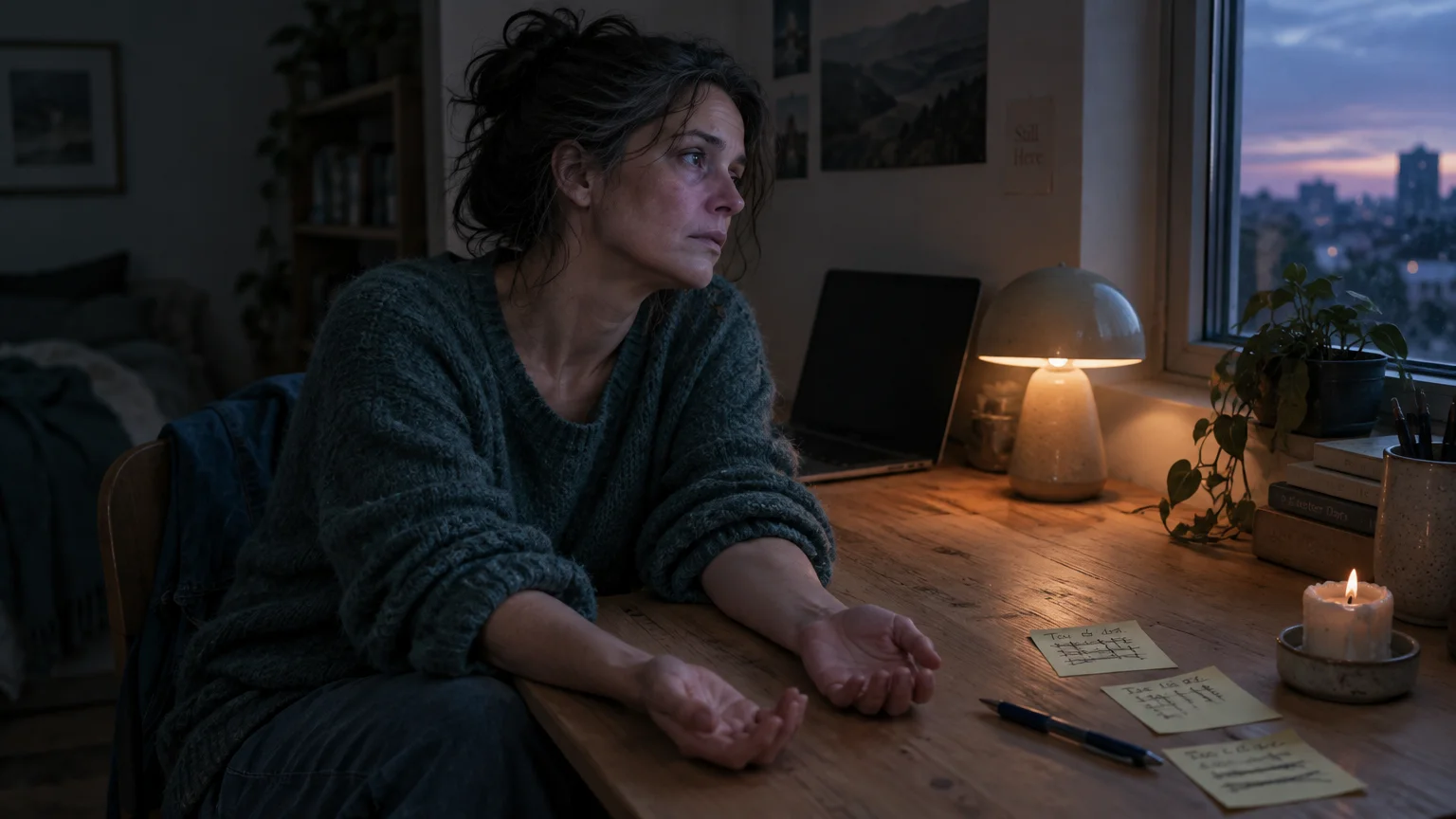 A weary woman sits at a wooden desk with open hands, staring out a window at dusk beside a laptop and lamp.