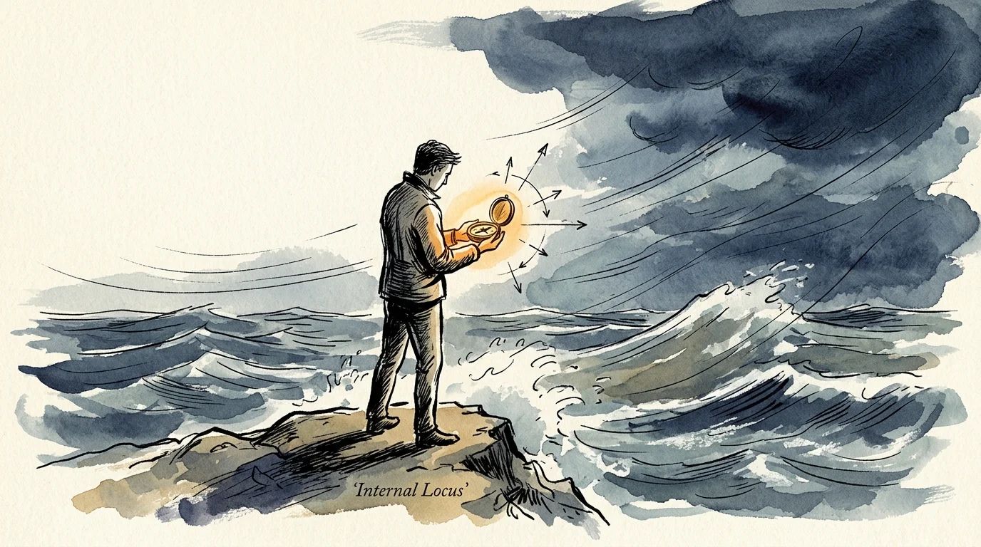 Watercolor illustration of a man on a rocky shore holding a glowing compass against a stormy sea and dark clouds.