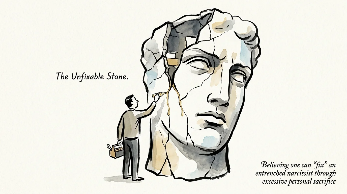 Illustration of a person attempting to repair a massive, cracked classical marble bust using glue.