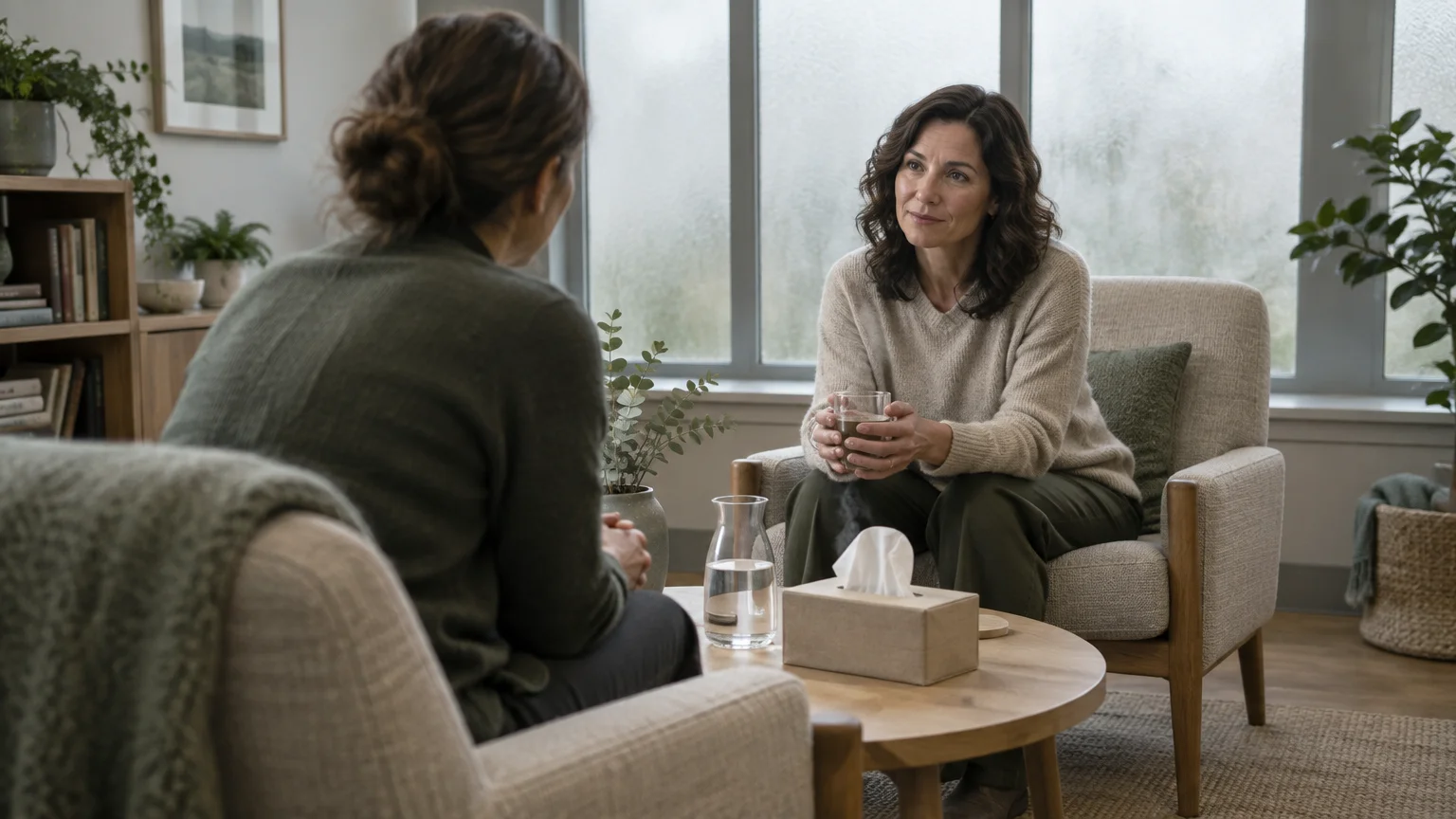 A woman holding a mug sits in an armchair listening attentively to another woman in a serene office setting.