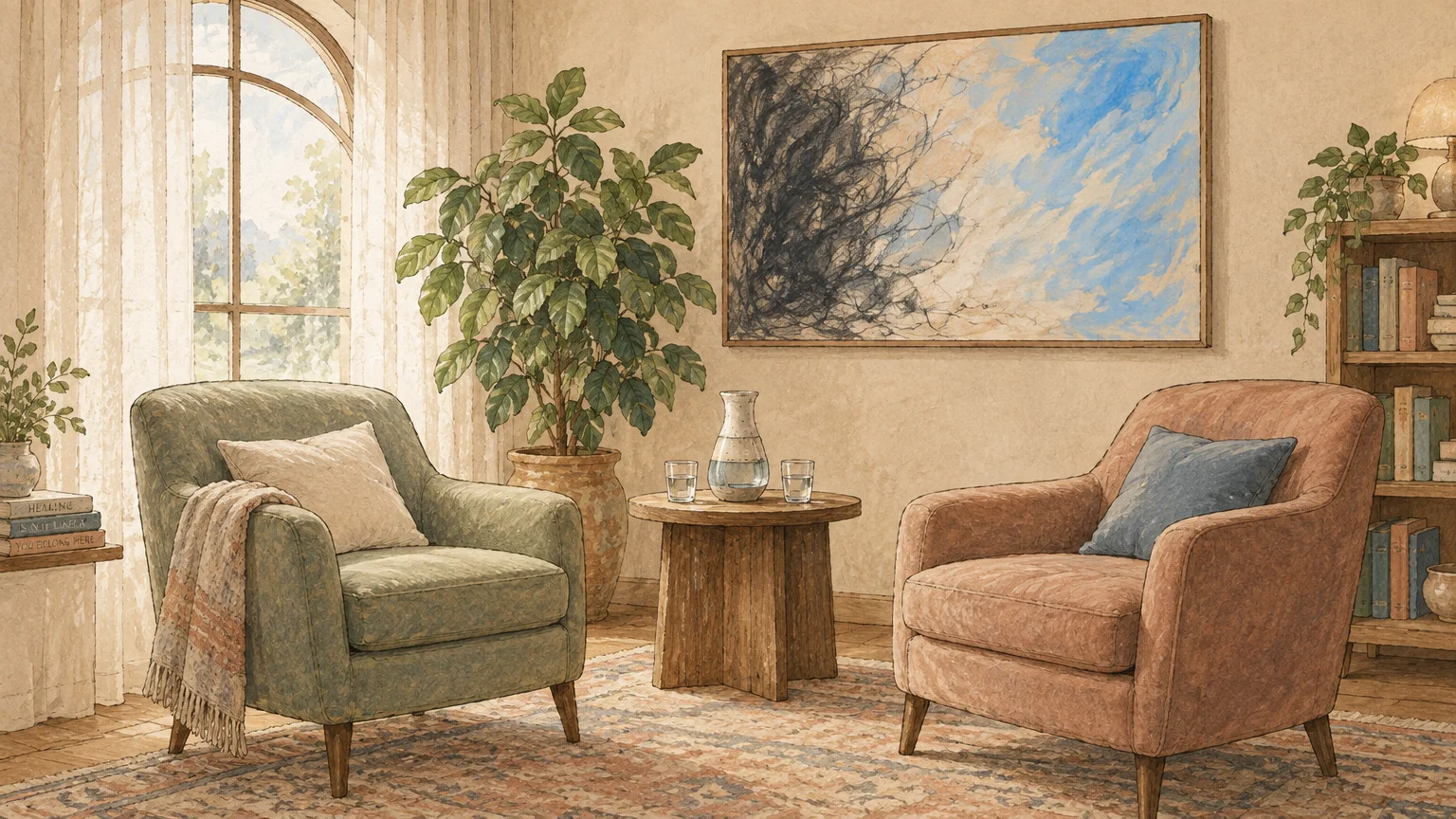 Illustration of a calm therapy office with two armchairs facing a small wooden table, house plants, and abstract wall art.
