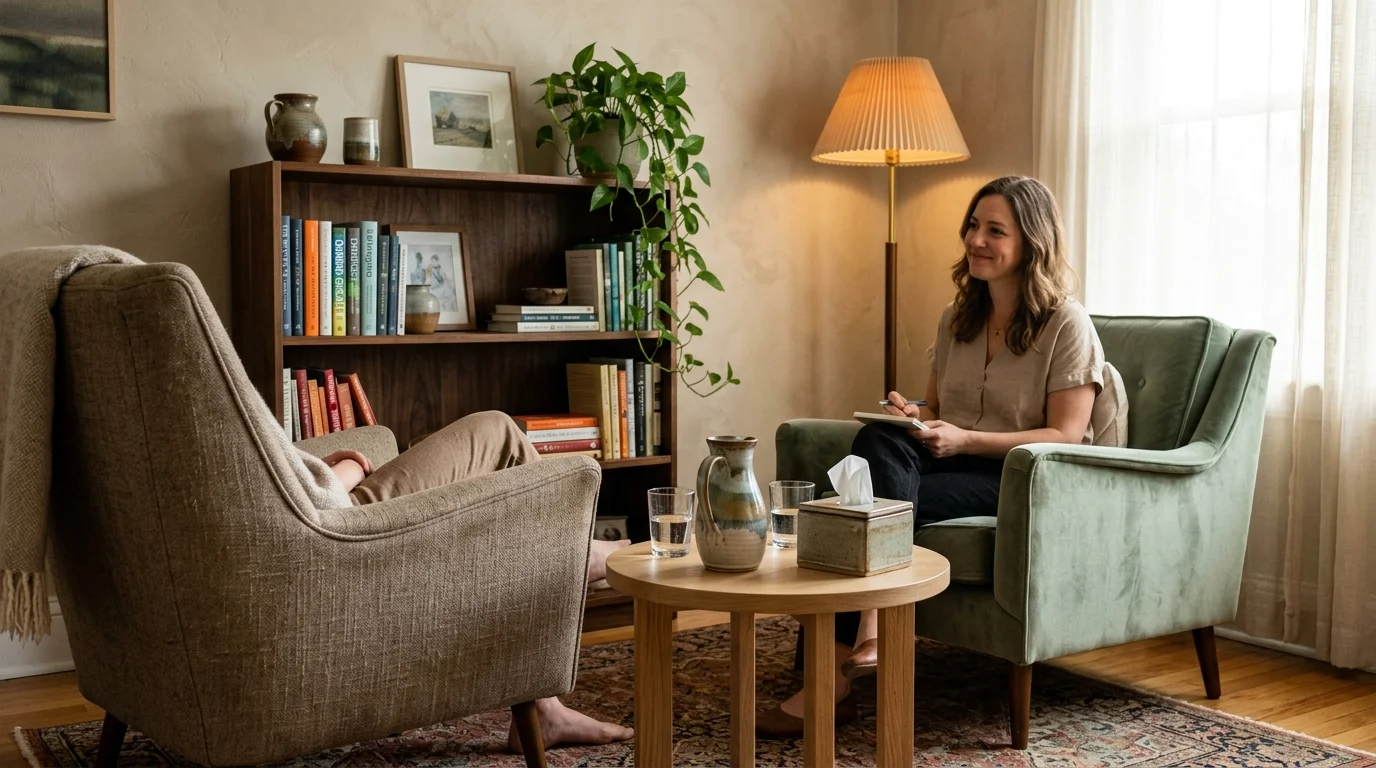 Therapist sitting in a green armchair listening to a client reclined in a beige chair during a therapy session.