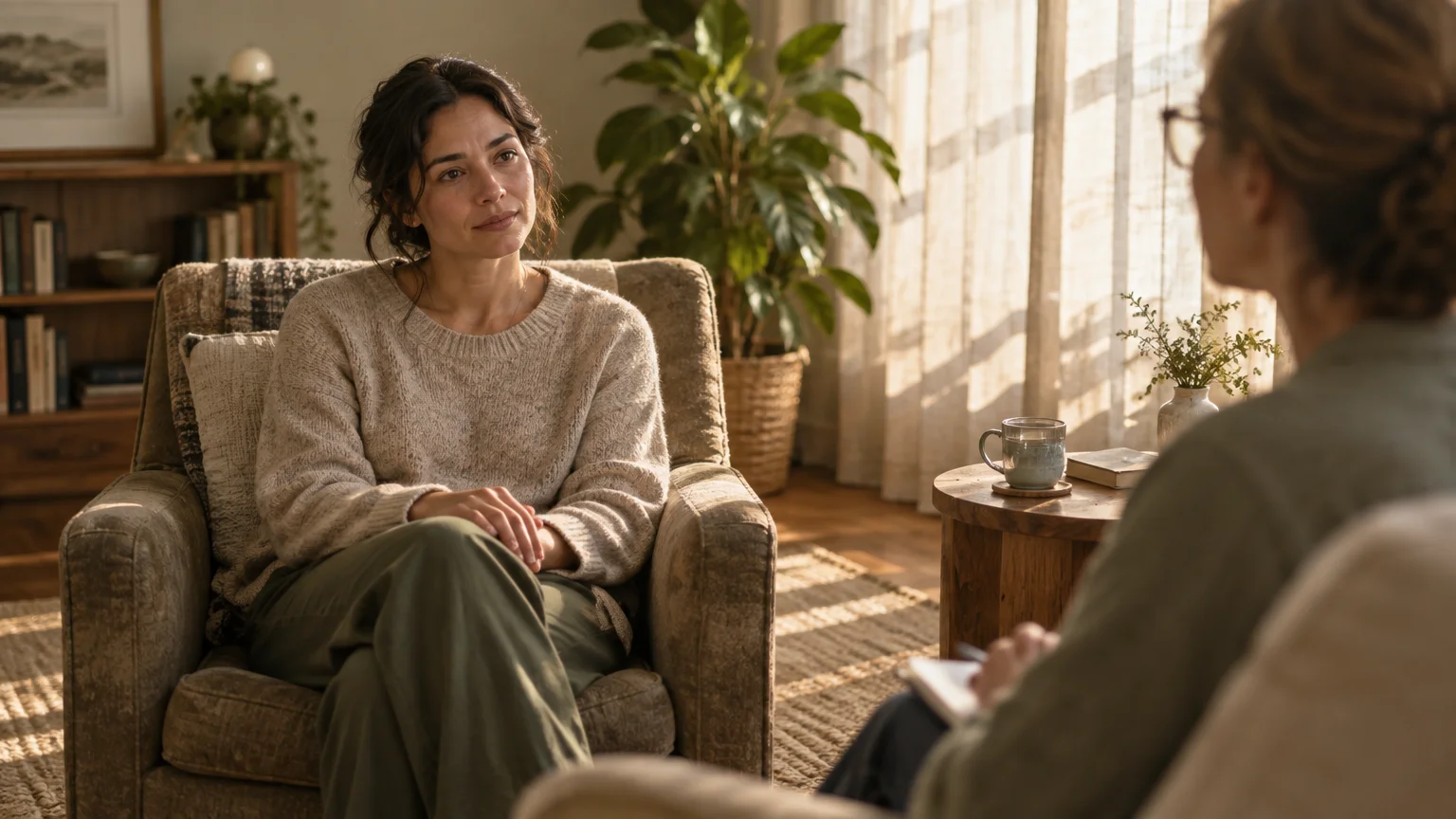 A woman sitting in an armchair listens attentively to a therapist holding a notepad in a sunlit room.
