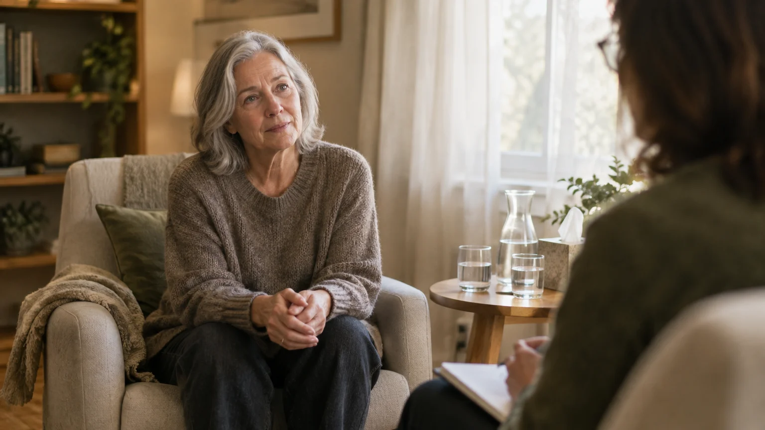 A senior woman in a sweater sits in an armchair listening attentively to a counselor taking notes.
