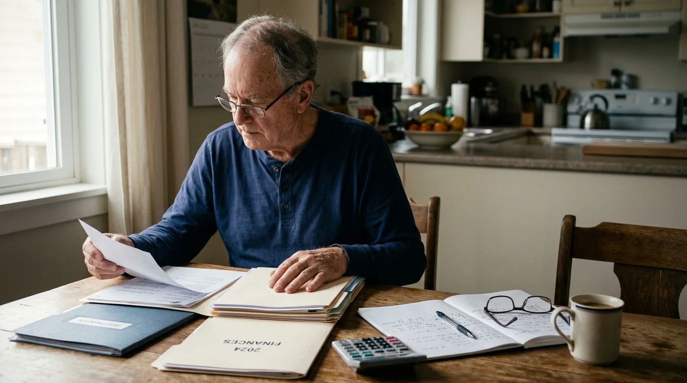 Older man reviewing financial paperwork, folders, a calculator, and a notebook while seated at a wooden kitchen table.