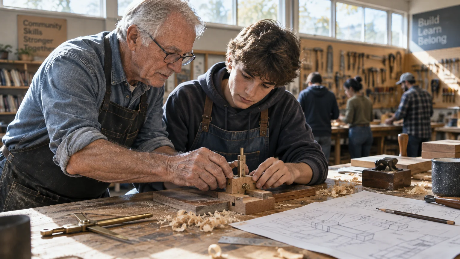 An older man with glasses teaches a teenage boy woodworking techniques at a workbench in a bright workshop.