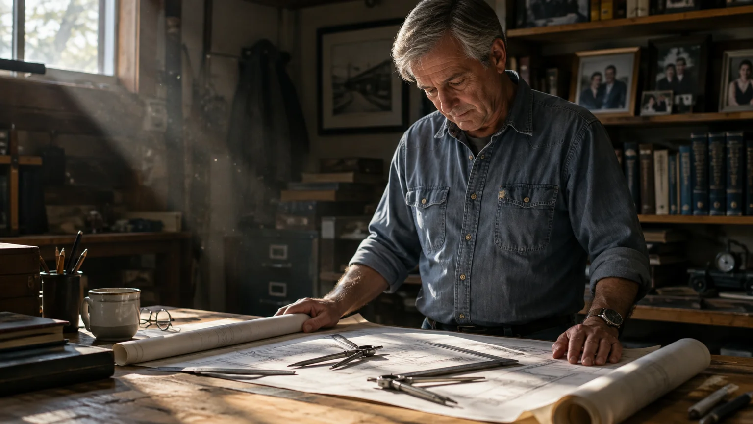 Older man in a denim shirt examining blueprints spread across a wooden workbench in a workshop with drafting tools.