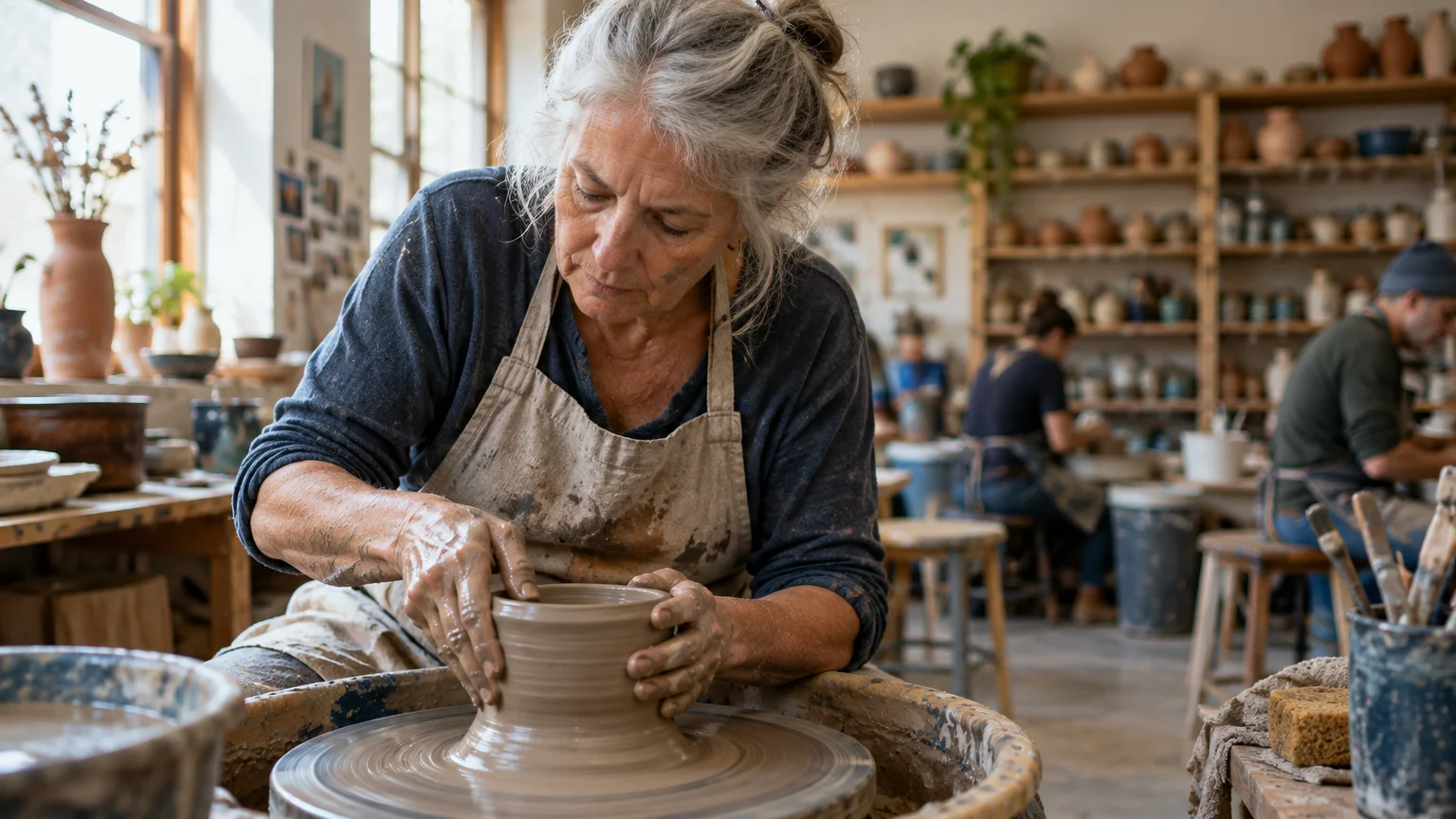 An older woman with gray hair wearing an apron shapes wet clay on a spinning pottery wheel in a sunlit art studio.