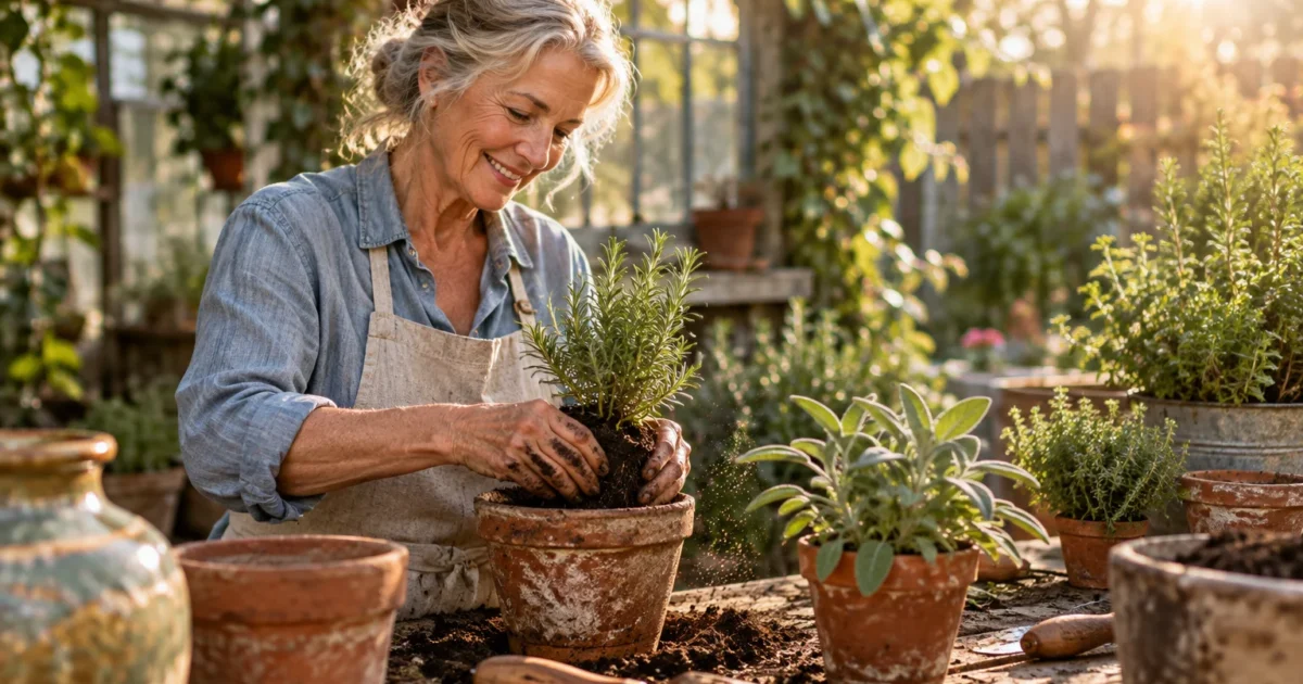 Smiling older woman potting a green rosemary plant into a terracotta pot on an outdoor garden workbench in the sunlight.