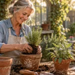 Smiling older woman potting a green rosemary plant into a terracotta pot on an outdoor garden workbench in the sunlight.
