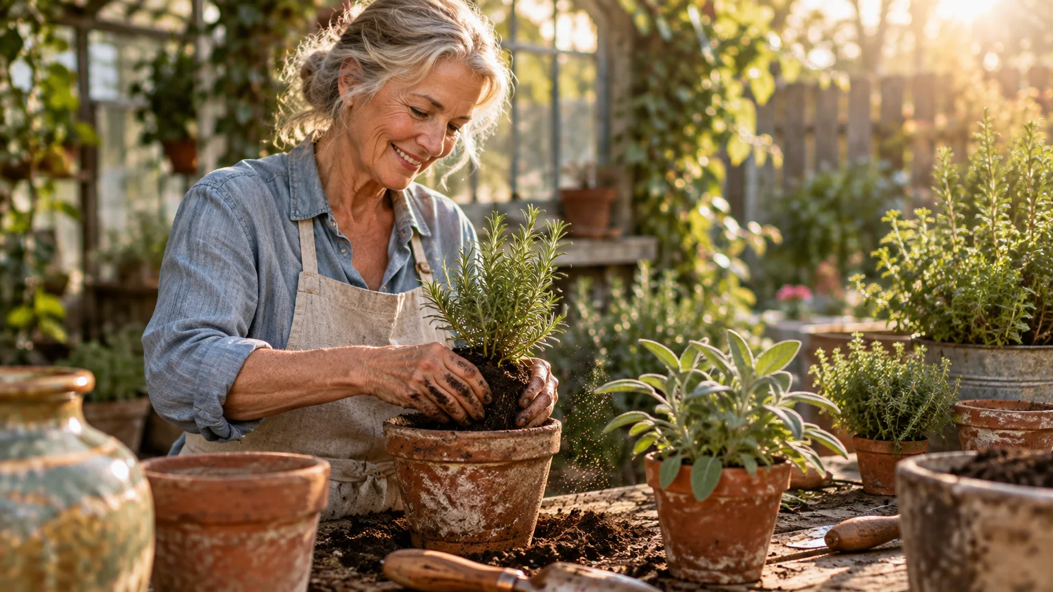 Smiling older woman potting a green rosemary plant into a terracotta pot on an outdoor garden workbench in the sunlight.