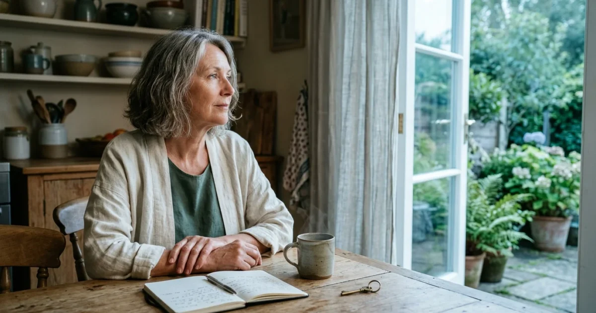 Mature woman sitting thoughtfully at a wooden kitchen table beside an open doorway, with a journal and steaming mug.