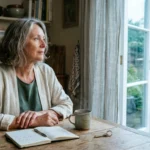 Mature woman sitting thoughtfully at a wooden kitchen table beside an open doorway, with a journal and steaming mug.