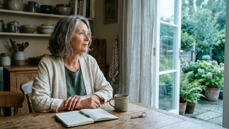 Mature woman sitting thoughtfully at a wooden kitchen table beside an open doorway, with a journal and steaming mug.