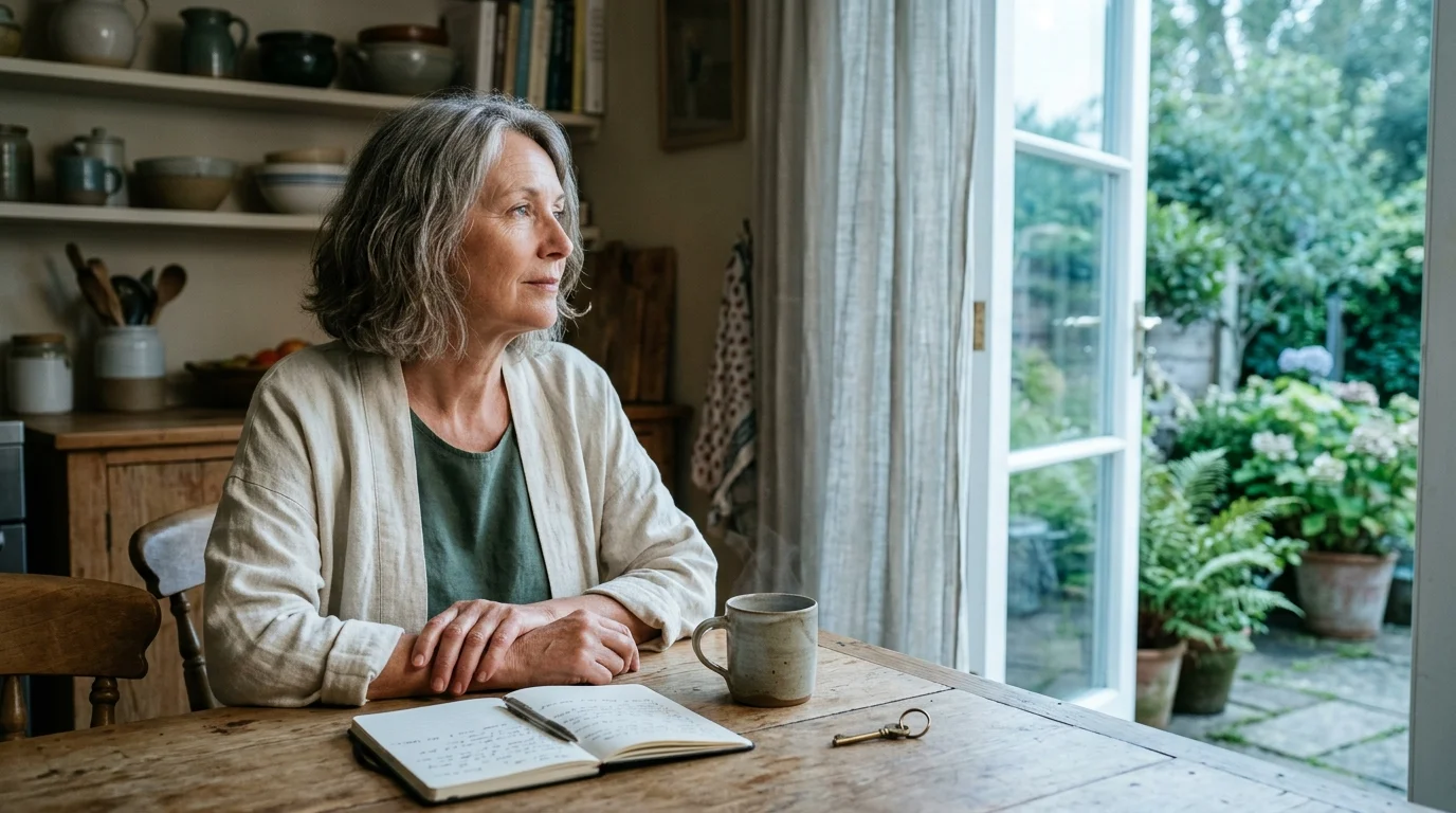 Mature woman sitting thoughtfully at a wooden kitchen table beside an open doorway, with a journal and steaming mug.