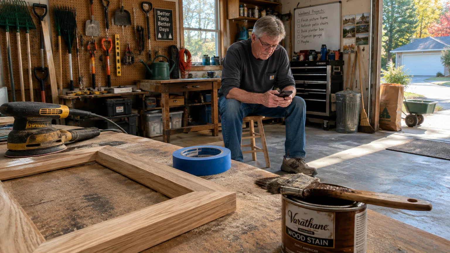 A man sits on a stool in a garage workshop looking at his phone beside an unfinished wooden frame and tools.