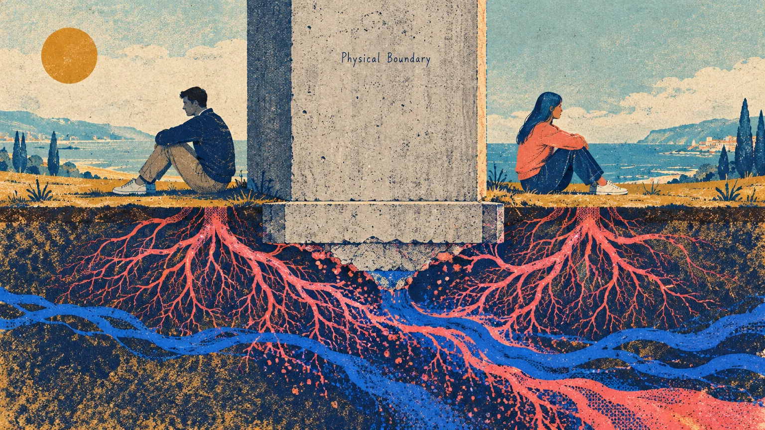Illustration of a man and woman separated by a concrete wall labeled Physical Boundary, with roots connecting underground.