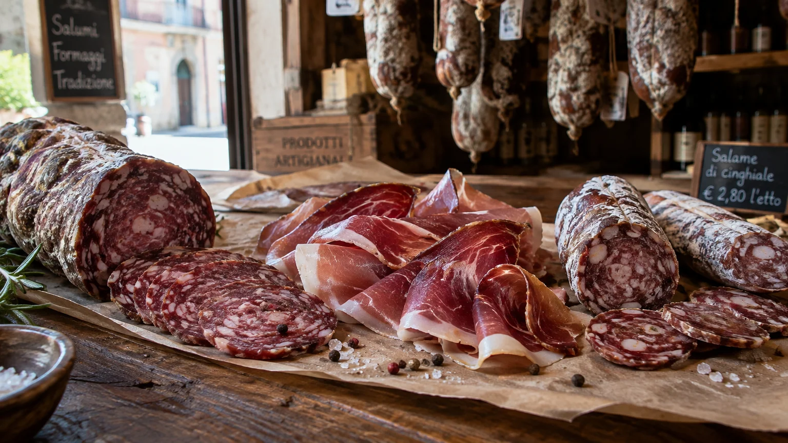 Sliced salami, prosciutto, and whole cured sausages displayed on butcher paper over a wooden counter inside an Italian shop.