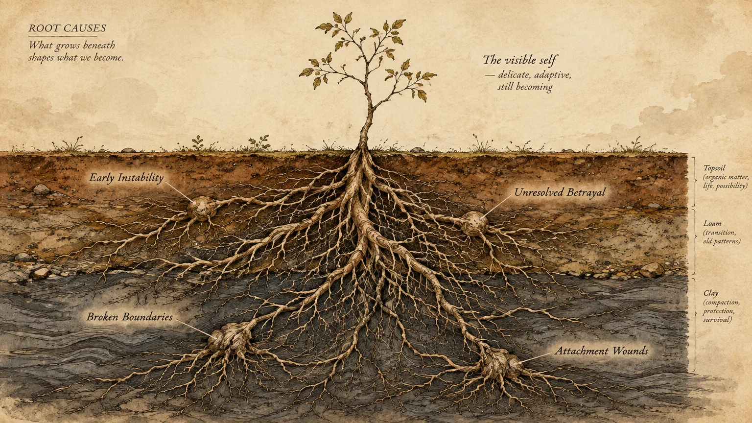 Botanical diagram of a small tree showing intricate underground root systems labeled with psychological terms in soil layers.