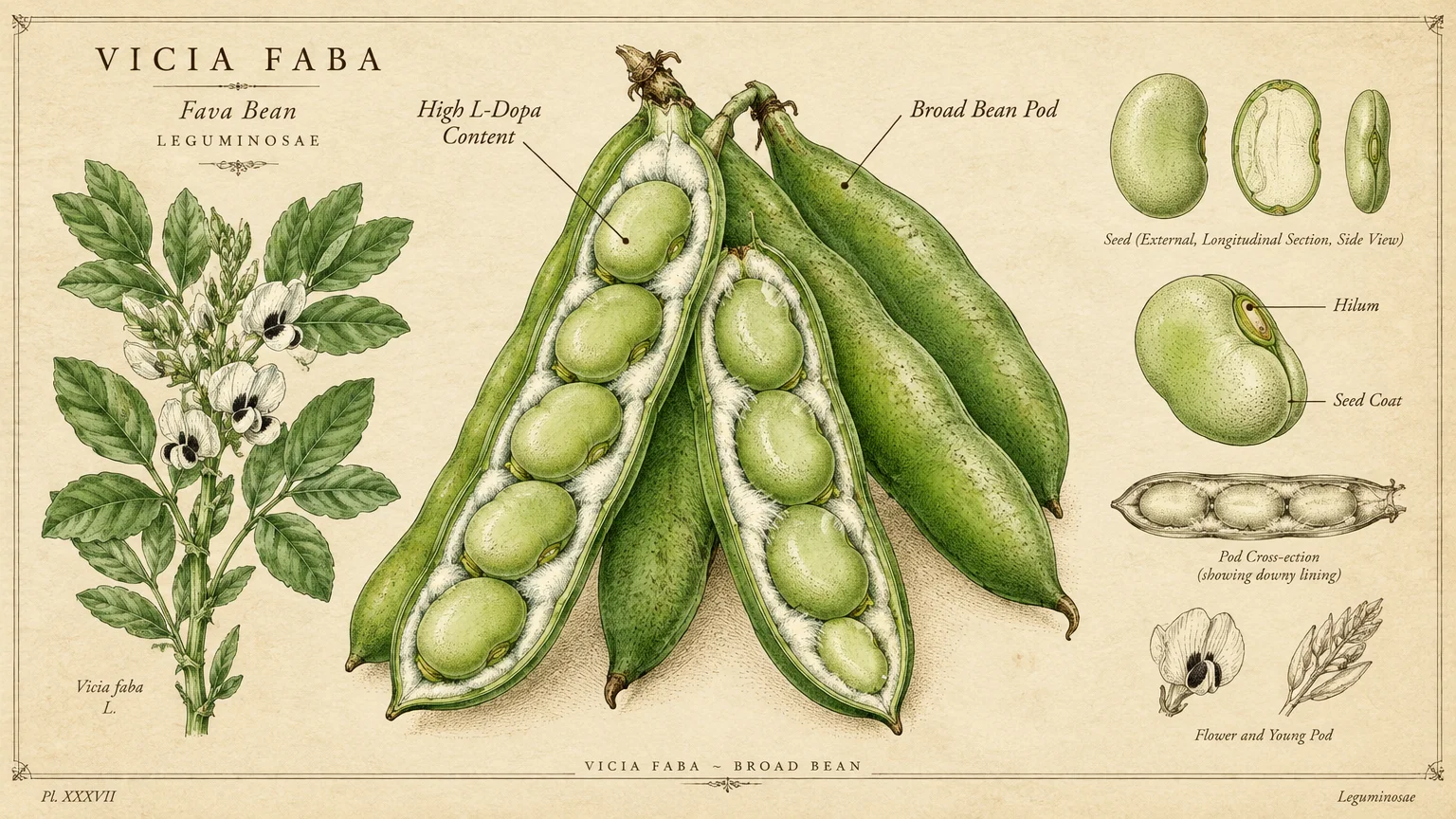 Botanical illustration of fava bean pods, seeds, and flowering plant with anatomical labels on vintage paper.