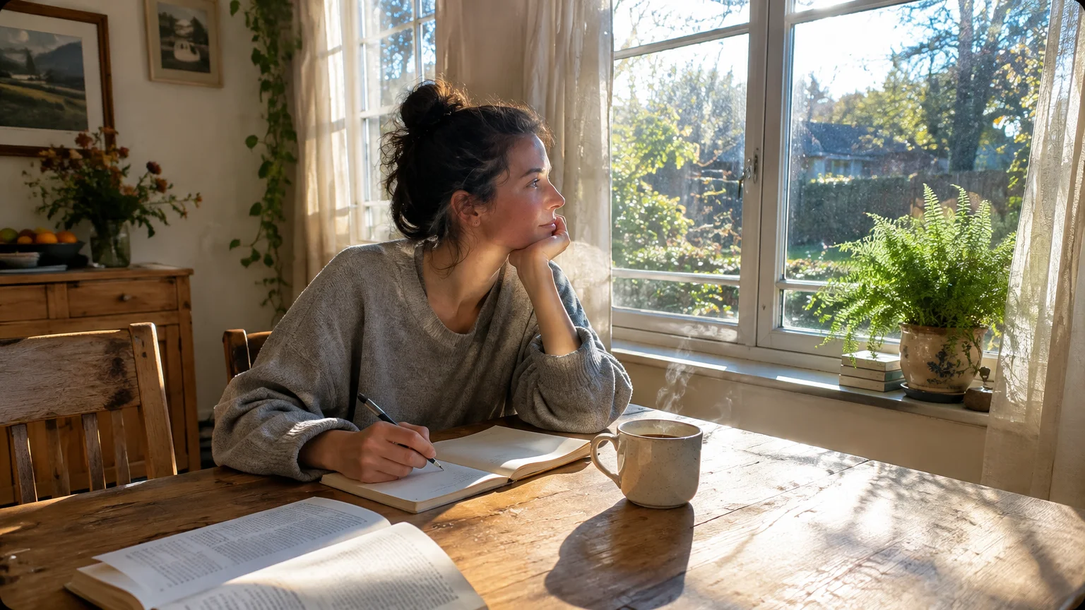 A woman sits at a sunlit wooden table with a notebook and steaming mug, resting her chin on her hand and gazing outside.