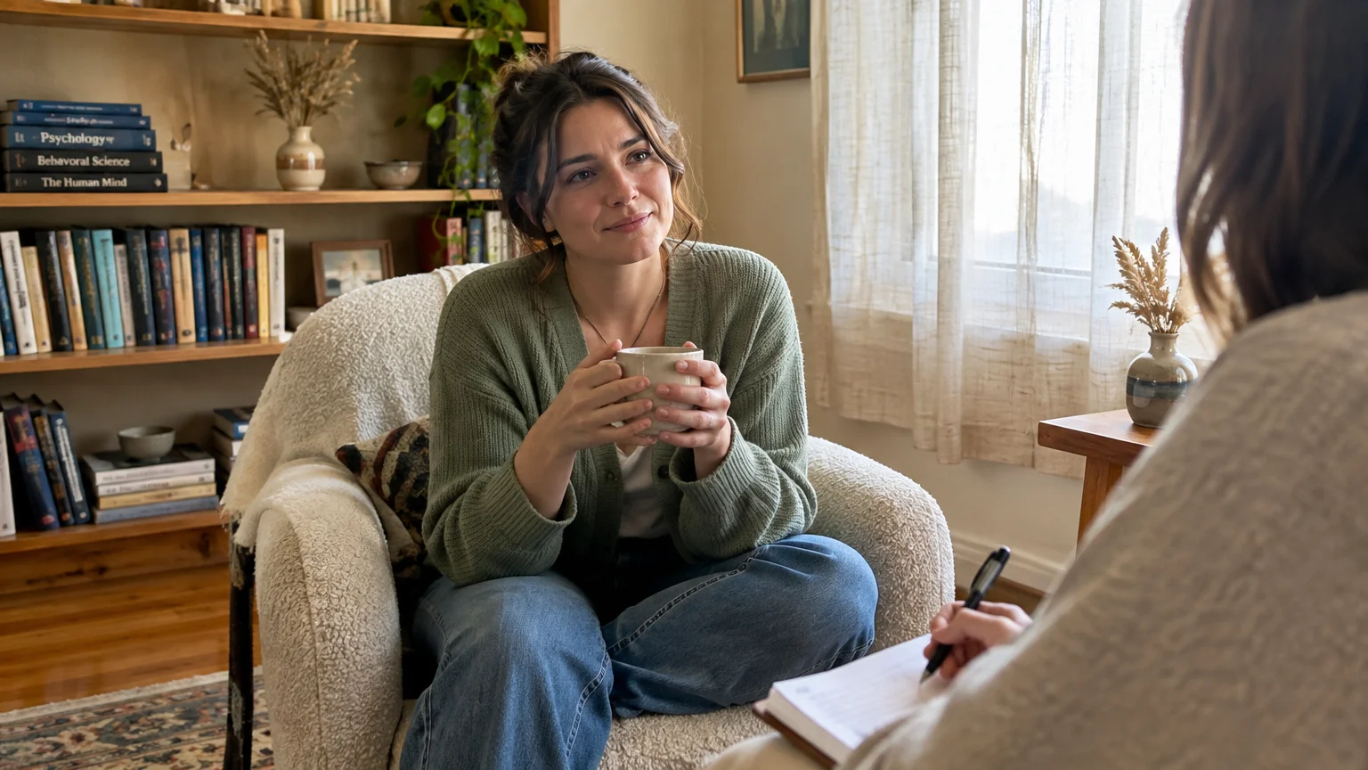 A woman holding a mug sits in an armchair opposite a therapist who is taking notes on a notepad.
