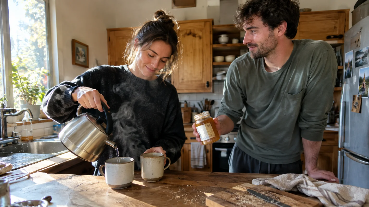A woman pours steaming water from a kettle into a mug while a man beside her holds a jar in a sunlit kitchen.