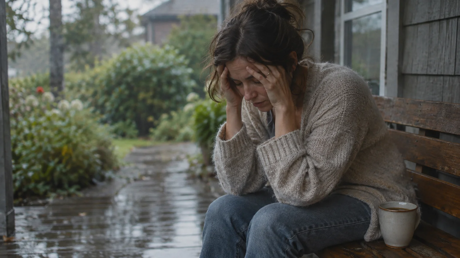 A woman in a knitted sweater sits on a wooden porch bench with her head in her hands on a rainy day.