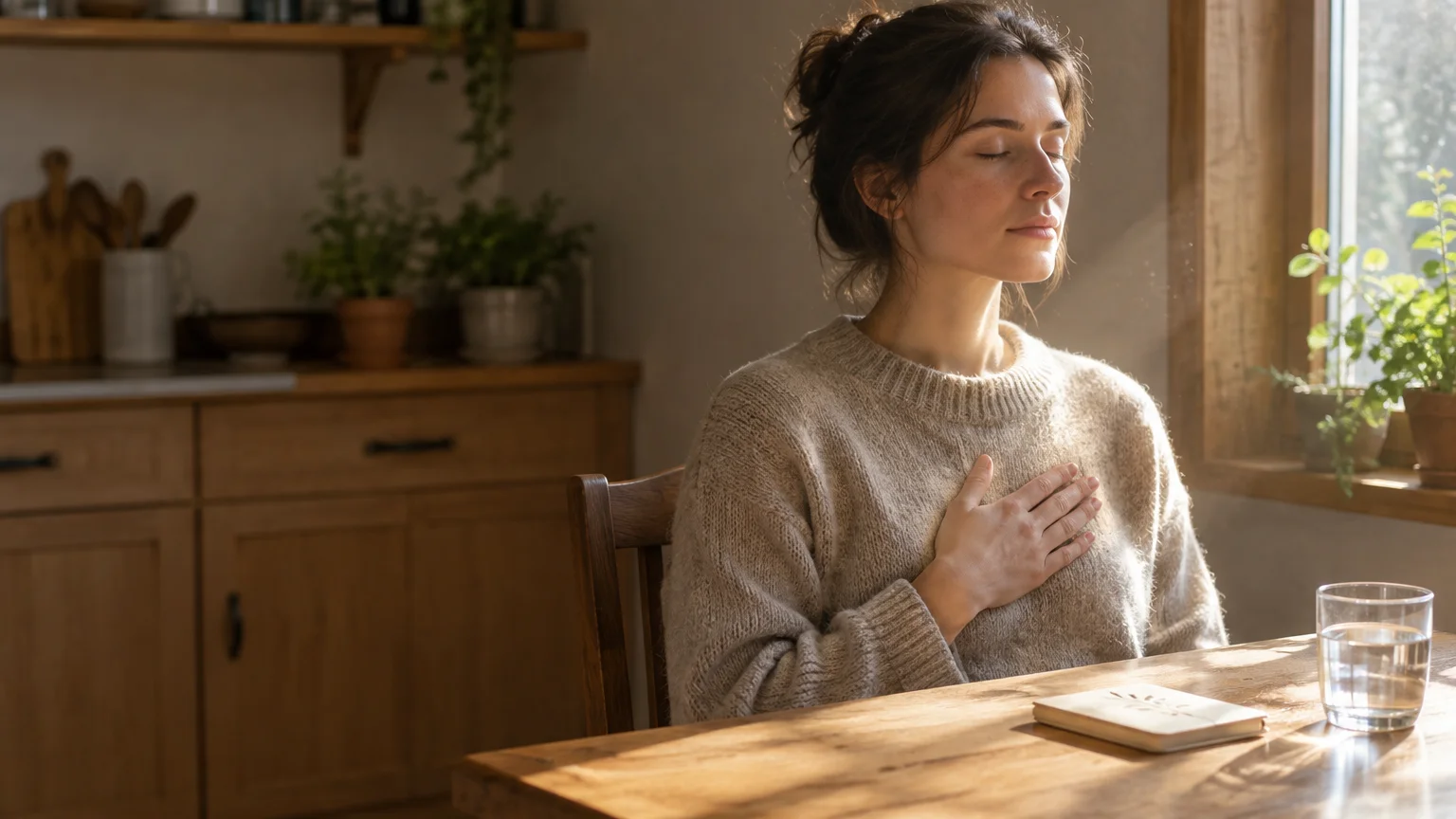 A woman with her eyes closed sits at a wooden table in sunlight, resting one hand over her chest.