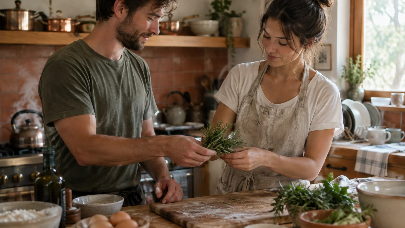 A man and woman in aprons stand together in a rustic kitchen, holding fresh rosemary over a wooden cutting board.