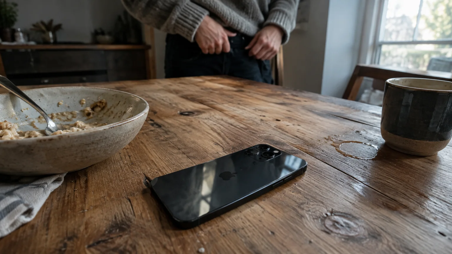 A smartphone resting face-down on a rustic wooden table beside a cereal bowl and coffee mug.