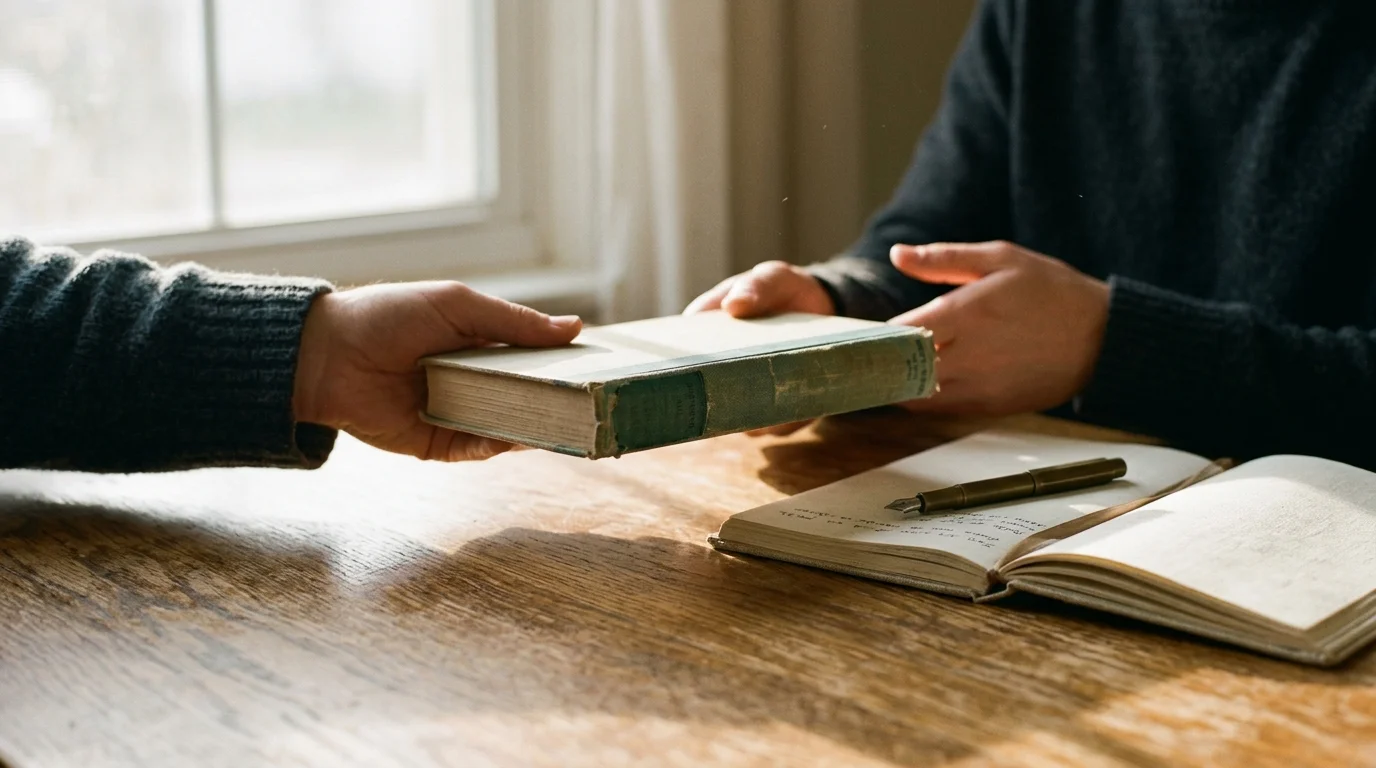 One person hands a vintage hardcover book across a wooden desk to another person beside an open notebook and pen.