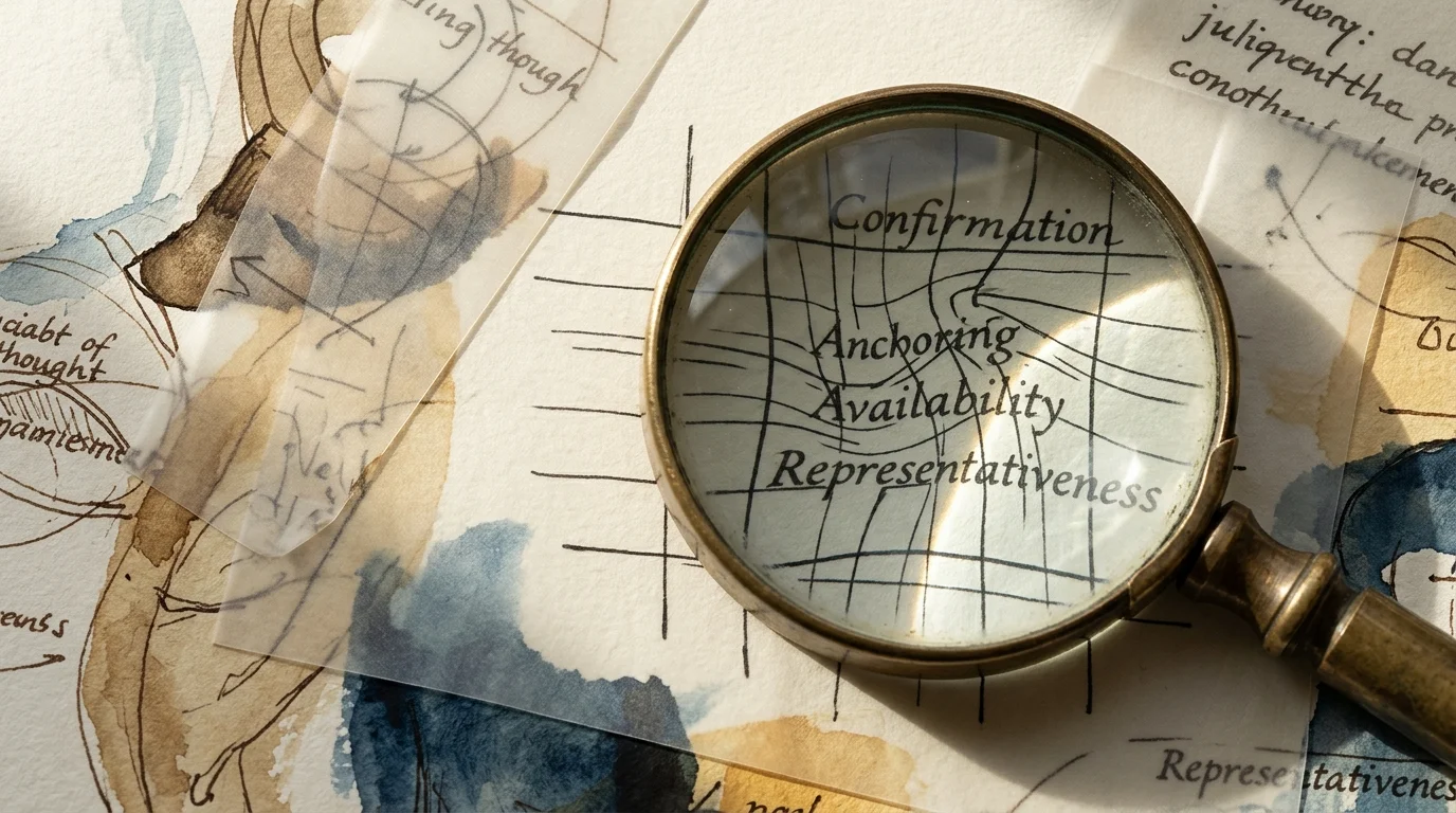 Magnifying glass over a grid and words like Confirmation, Anchoring, Availability, and Representativeness on watercolor paper.