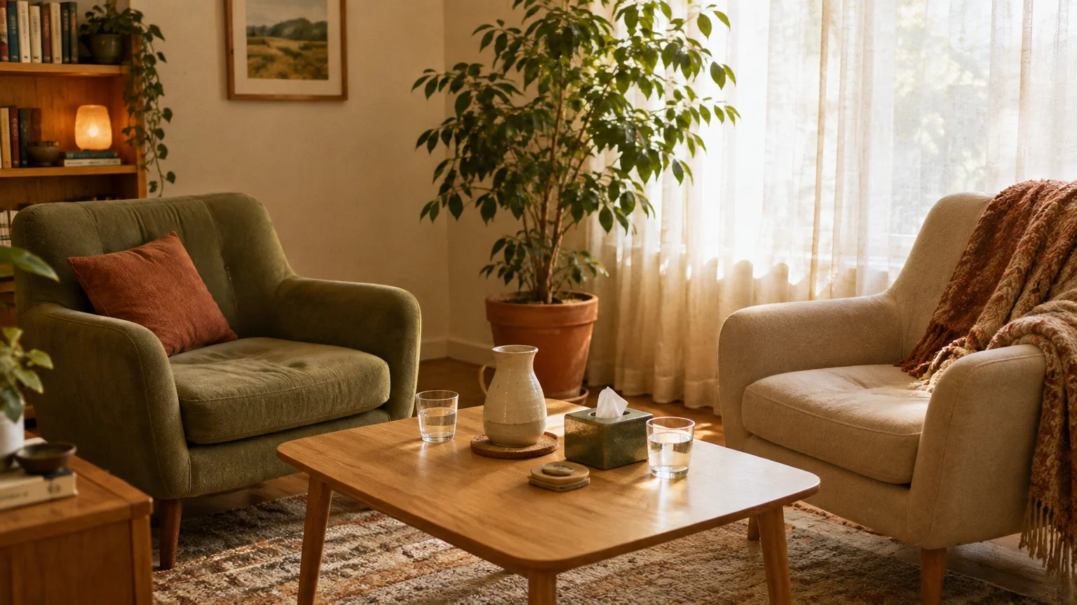 Two comfortable armchairs face each other across a coffee table with water and tissues in a sunlit therapy office.
