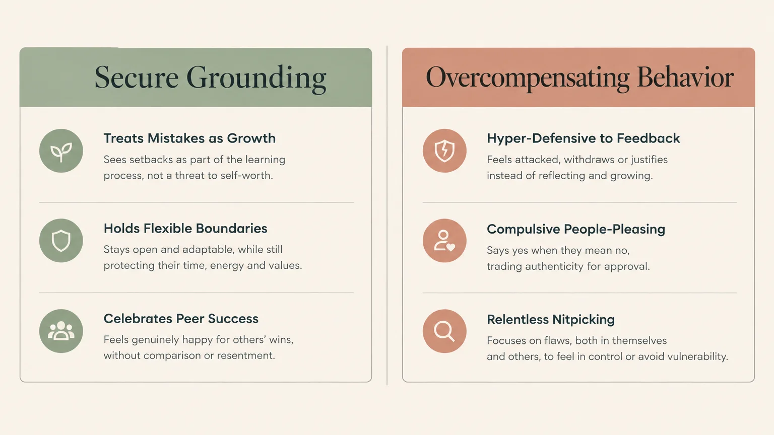 Side-by-side comparison chart contrasting Secure Grounding traits with Overcompensating Behavior traits using icons.