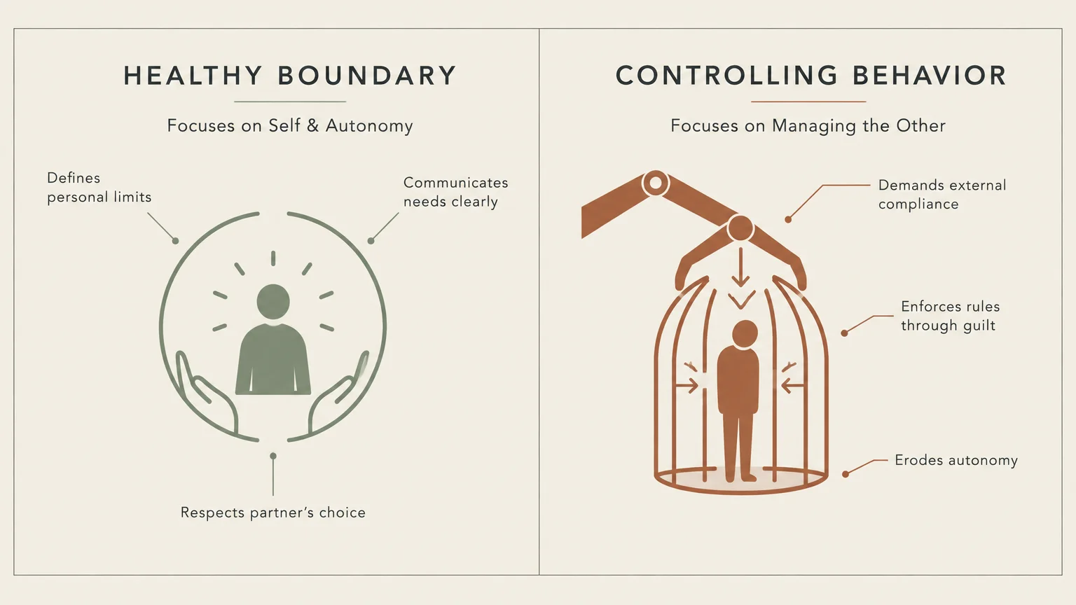 Side-by-side diagram comparing healthy boundaries framed by protective hands against controlling behavior shown as a cage.