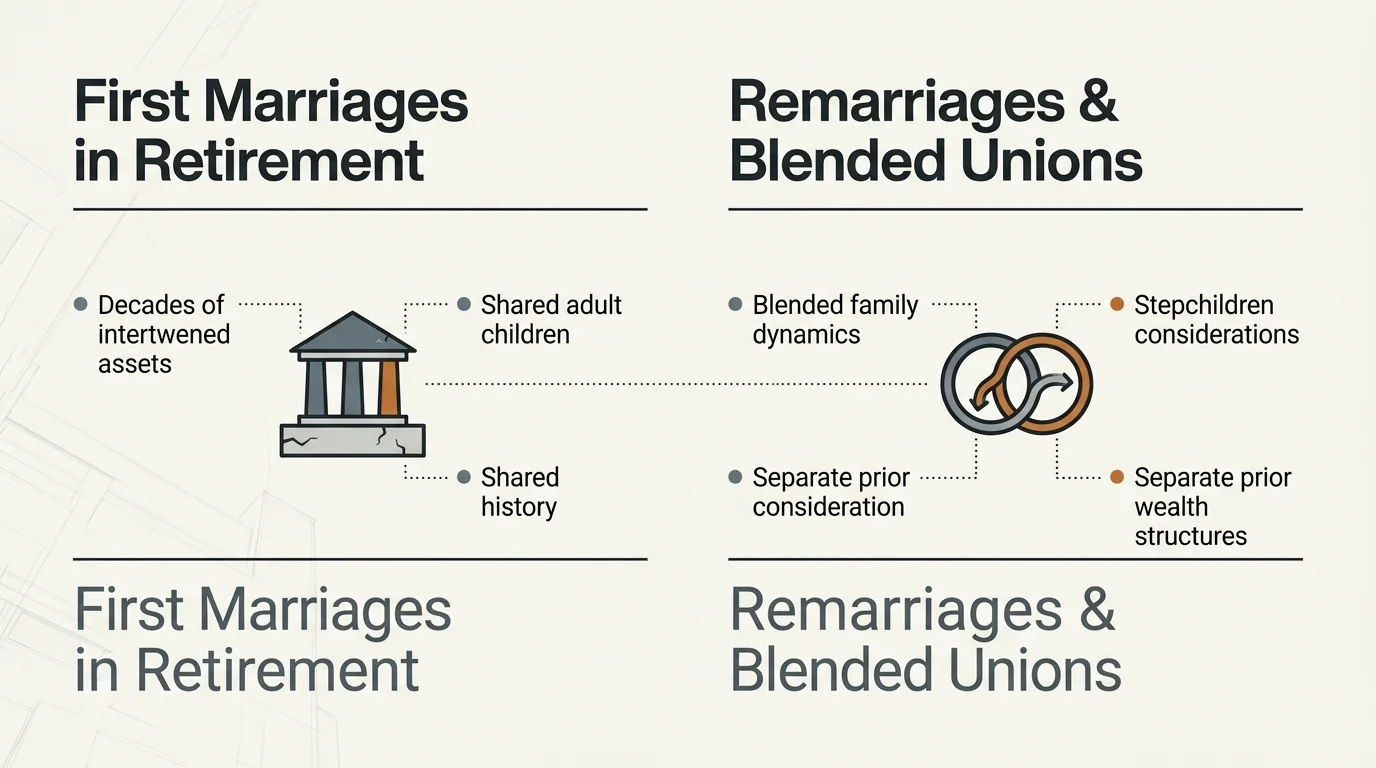 Infographic comparing first marriages in retirement, symbolized by a building, against remarriages, represented by two rings.