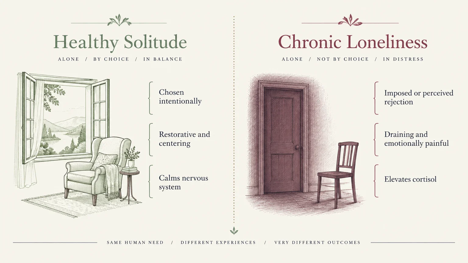 Side-by-side comparison of an armchair by an open window for solitude and a bare chair by a closed door for loneliness.
