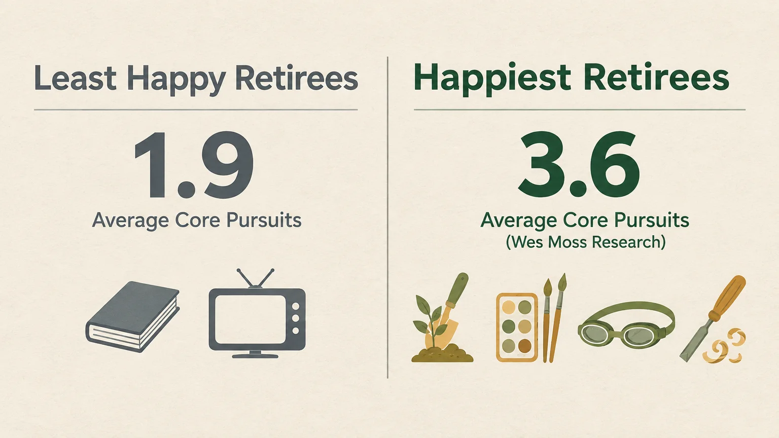 Graphic comparing least happy retirees at 1.9 average core pursuits to the happiest retirees at 3.6, with hobby icons.