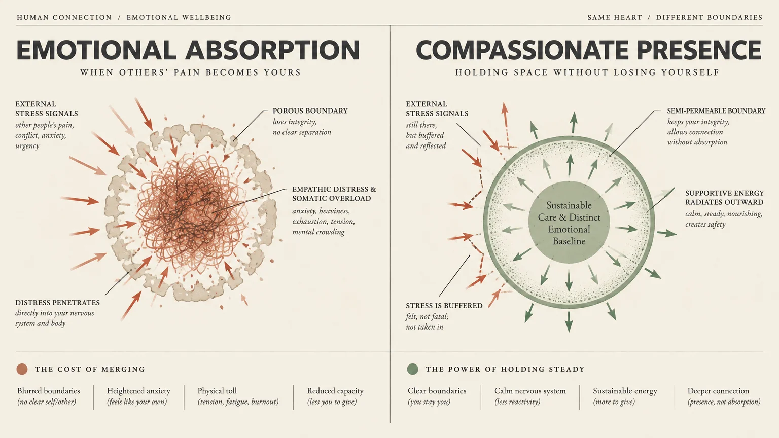 Diagram contrasting emotional absorption through porous boundaries with compassionate presence through protected boundaries.