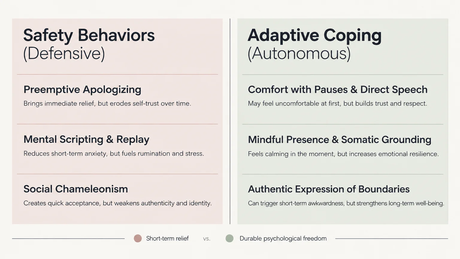 Side-by-side comparison diagram contrasting defensive safety behaviors with autonomous adaptive coping mechanisms.