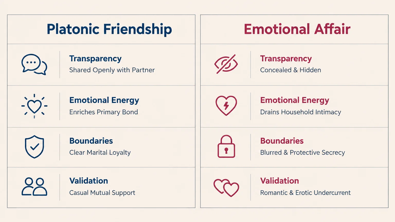 Comparison chart contrasting platonic friendship against emotional affair across transparency, energy, boundaries, and validation.