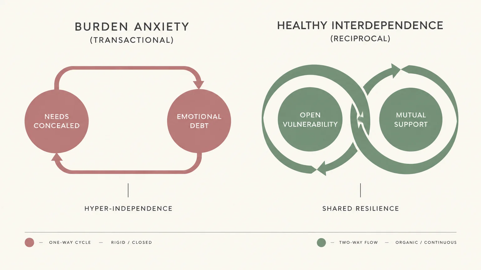 Diagram contrasting a transactional burden anxiety loop with an organic healthy interdependence infinity flow.