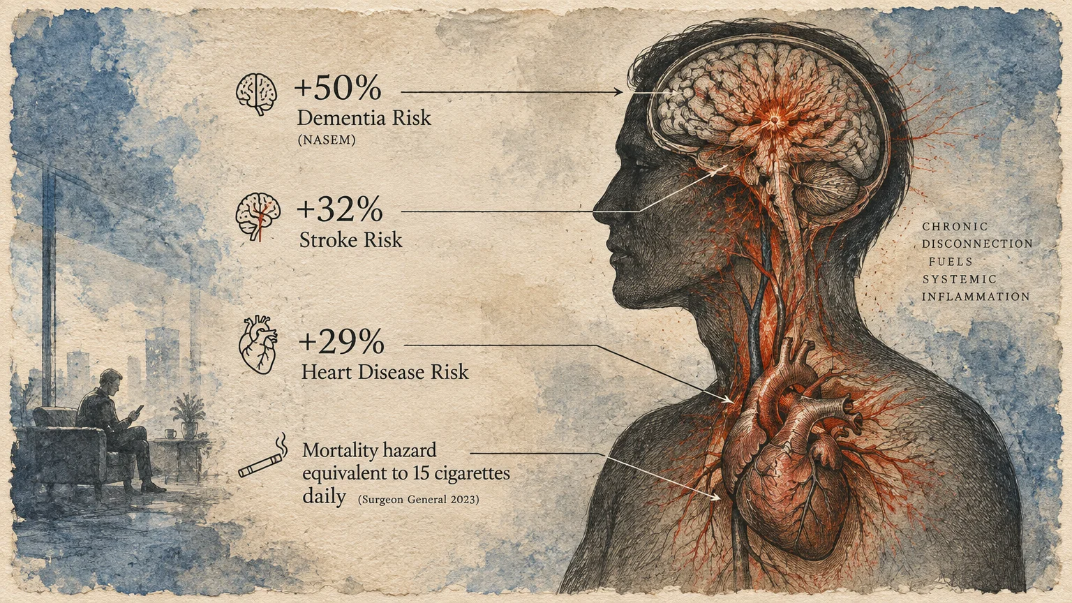 Medical illustration of human anatomy showing the brain and heart linked to statistics on health risks of isolation.