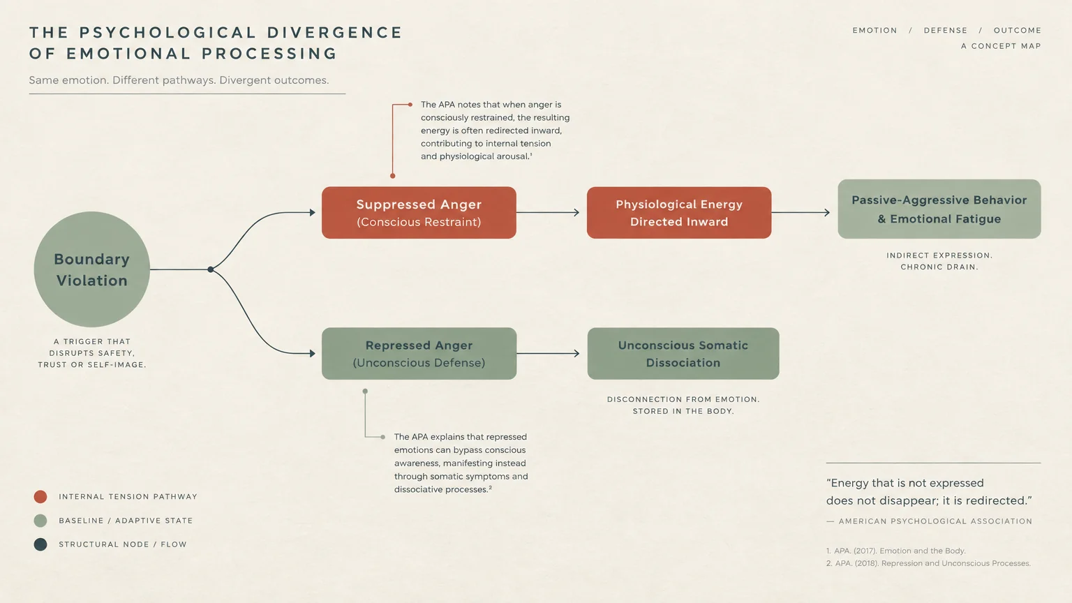 Flowchart comparing suppressed anger and repressed anger pathways branching from a boundary violation trigger.