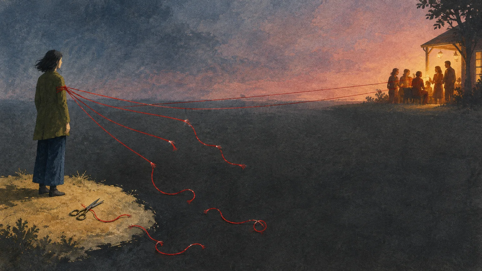 Illustration of a woman standing isolated near scissors as cut red strings separate her from a distant gathering.