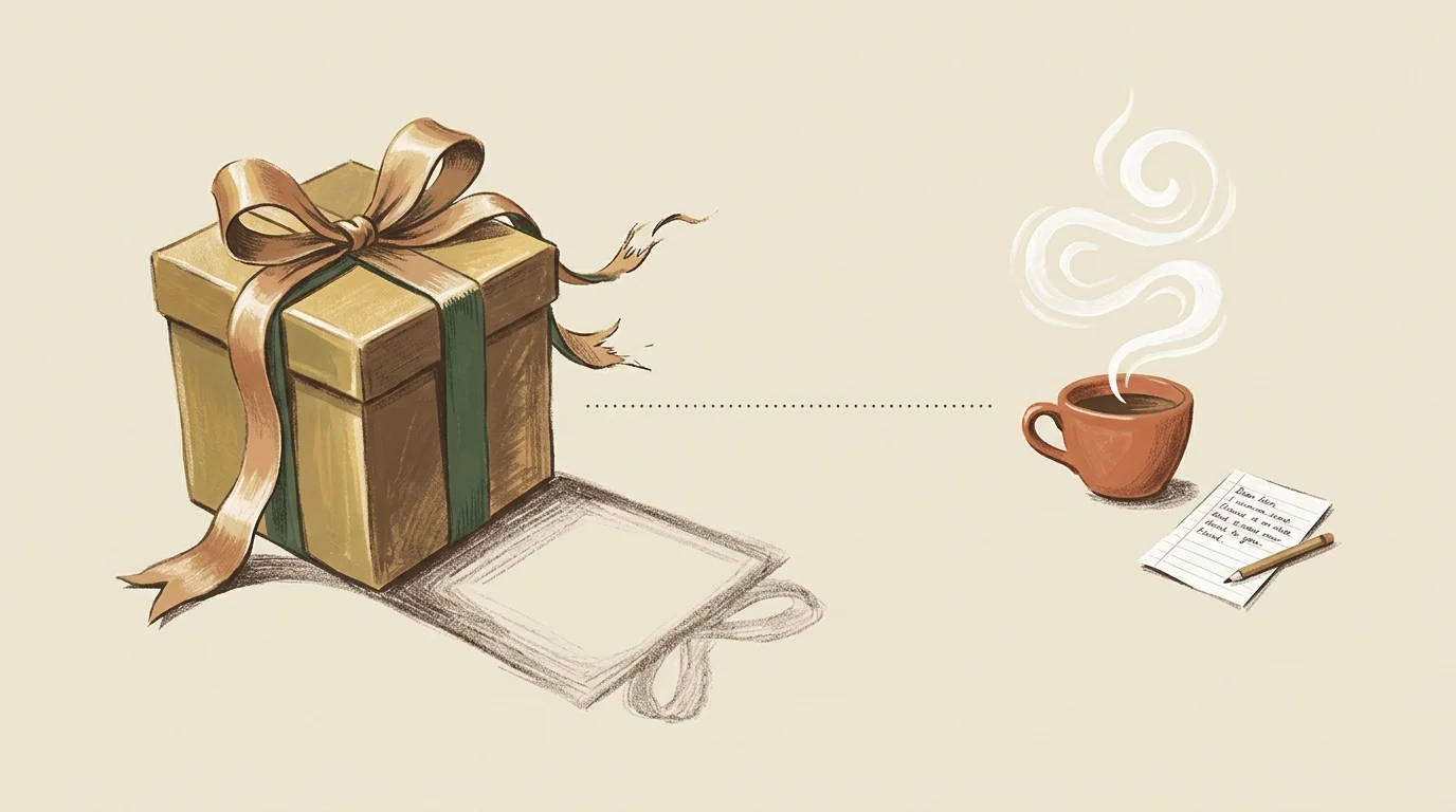 Illustration of a large gift box tied with a ribbon beside a steaming coffee cup, notepad, and pencil.
