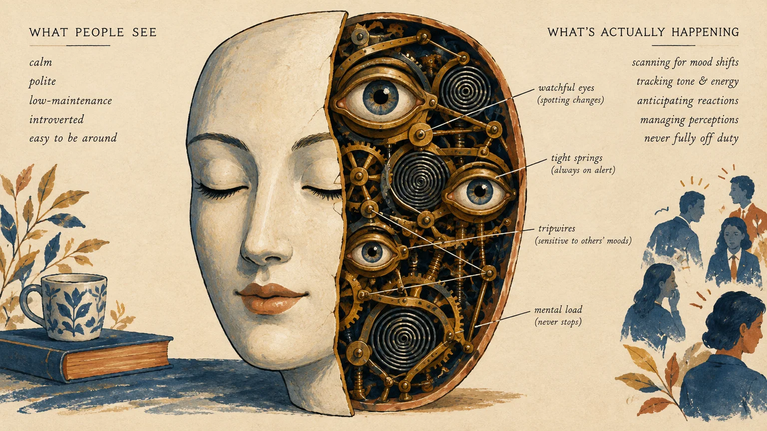 Illustration of a serene face split open to reveal intricate clockwork gears, coiled springs, and watchful eyes inside.