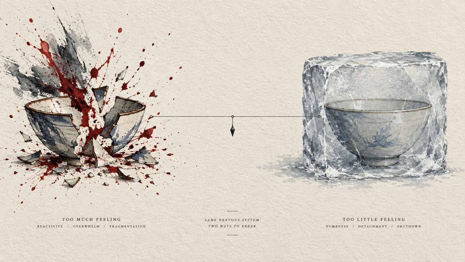 Illustration of a shattered ceramic bowl with splattered red ink beside an identical bowl frozen inside an ice block.